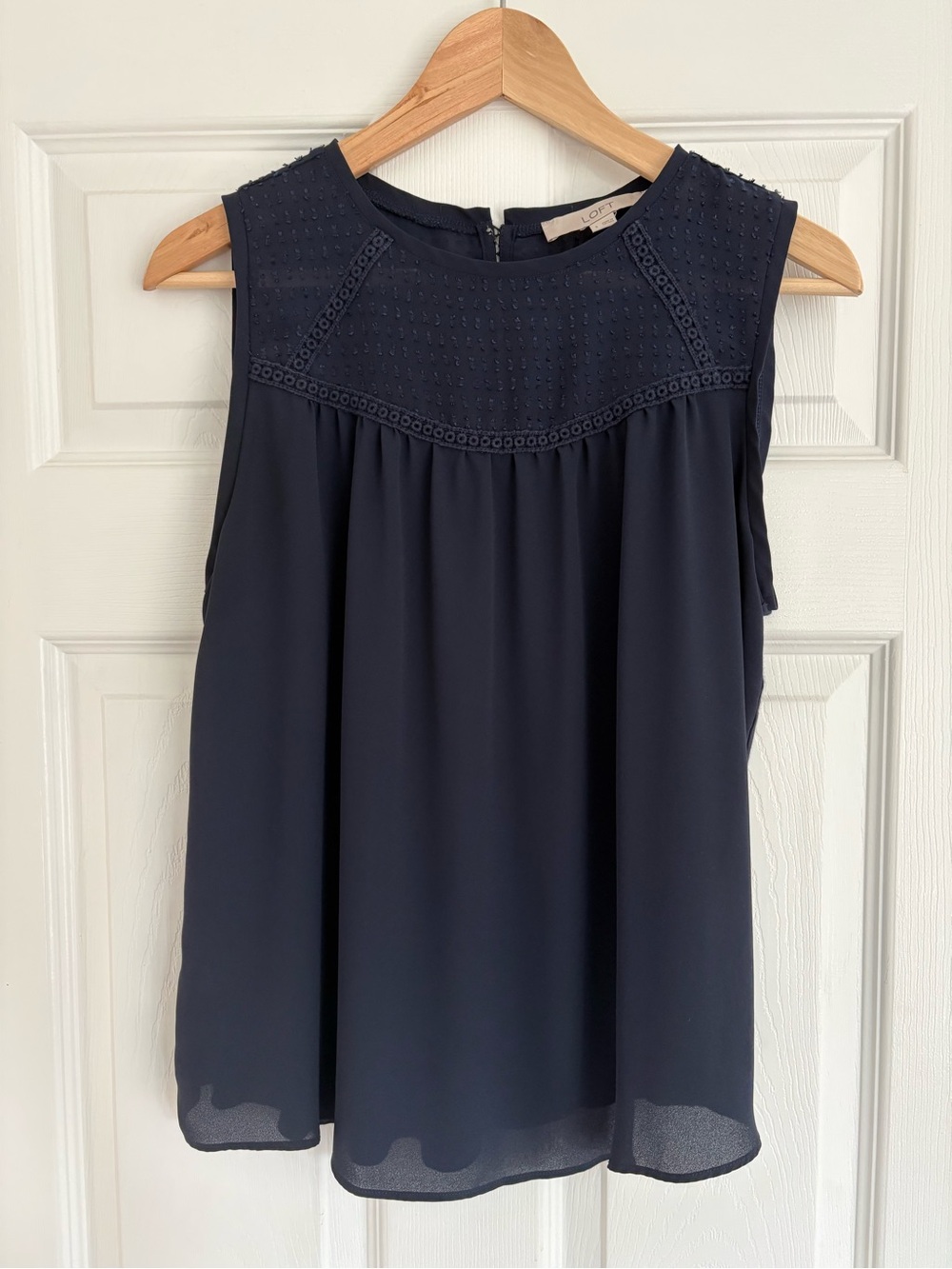 LOFT Navy Sleeveless Eyelet Swiss Dot Yoke Top, Size S